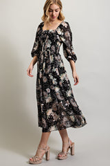 Black Multi Floral Chiffone Print Midi Dress