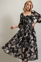 Black Multi Floral Chiffone Print Midi Dress