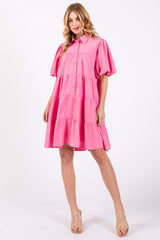 Pink Puff Sleeve Mini Shirt Dress
