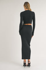 Black Rib Knit Side Button Maxi Skirt