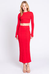 Red Exposed Seams Top and Skirt Set