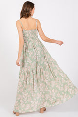 Light Olive Floral Sweetheart Smocked Front Cutout Maxi Dress