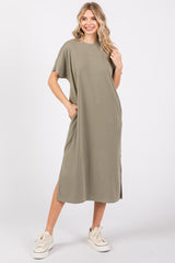 Light Olive Ribbed Short Dolman Sleeve Side Slit Midi Dress