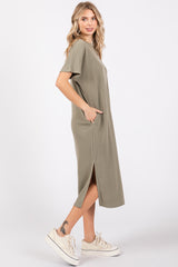 Light Olive Ribbed Short Dolman Sleeve Side Slit Midi Dress