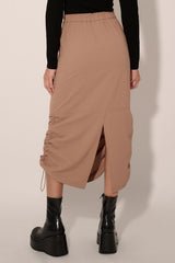 Taupe Solid Drawstring Side Back Elastic Midi Skirt