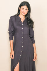 Charcoal Collared Button Down Long Sleeve Maxi Dress
