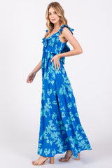 Blue Floral Ruffle V-Neck Back Cutout Maternity Maxi Dress