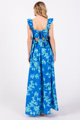 Blue Floral Ruffle V-Neck Back Cutout Maternity Maxi Dress