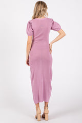 Lavender Puff Sleeve Knit Midi Dress