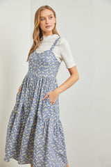 Blue Floral Sweetheart Neck Button Front Ruffle Midi Dress