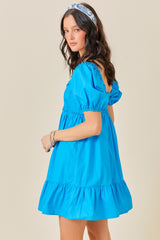 Aqua Puff Sleeve Ruffle Accent Mini Dress
