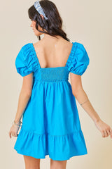 Aqua Puff Sleeve Ruffle Accent Mini Dress