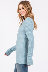 Light Teal Ribbed Knit Button Long Sleeve Top