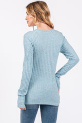 Light Teal Ribbed Knit Button Long Sleeve Top