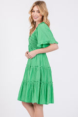 Green Smocked V-Neck Ruffle Short Sleeve Tiered Dress