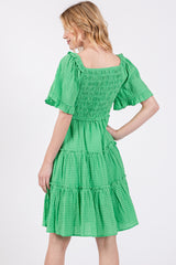 Green Smocked V-Neck Ruffle Short Sleeve Tiered Dress