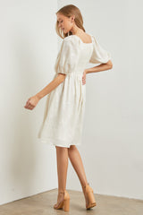 Cream Textured Floral Square Neck Puff Sleeve Dress