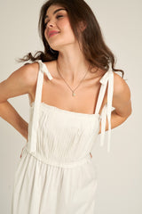 White Pleated Shoulder Tie Midi Dress