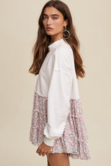 Cream Crew Neck Sweat Top With Tiered Floral Contrast