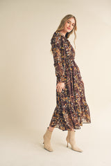 Brown Floral Ruffle Trim Midi Dress