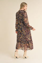 Brown Floral Ruffle Trim Midi Dress
