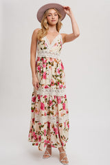 Vanilla Floral Print Tiered Lace Contrast Maxi Dress