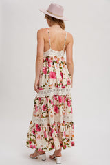 Vanilla Floral Print Tiered Lace Contrast Maxi Dress