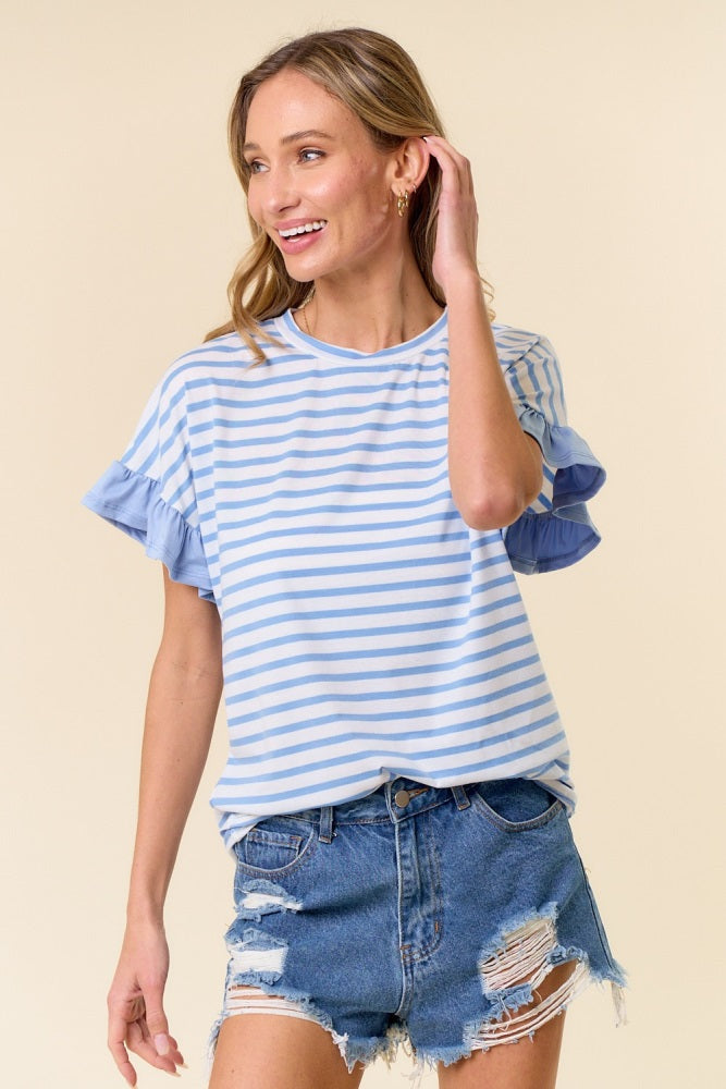 Light Blue Striped Ruffle Sleeve Maternity Top