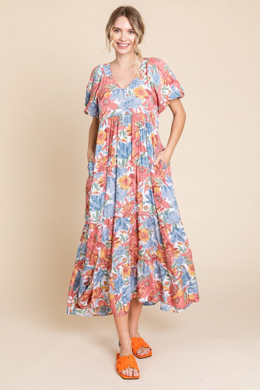 Mauve Floral Print Pocketed Maternity Midi Dress