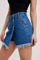 Medium Wash Denim Frayed-Trim Skort