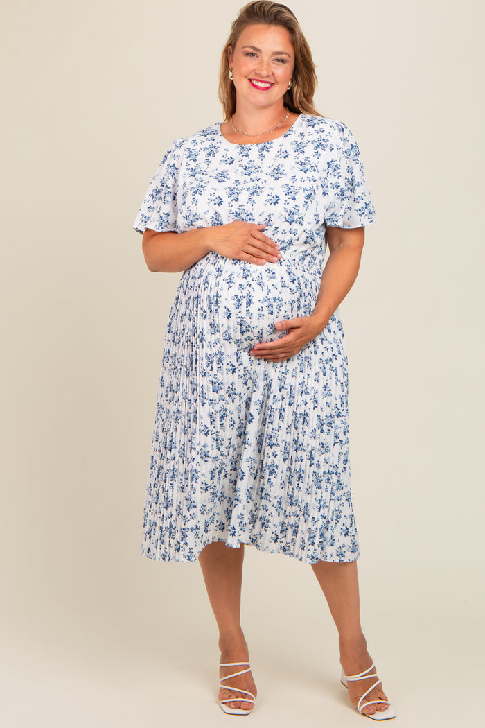 Blue Ditsy Floral Pleated Plus Maternity Dress
