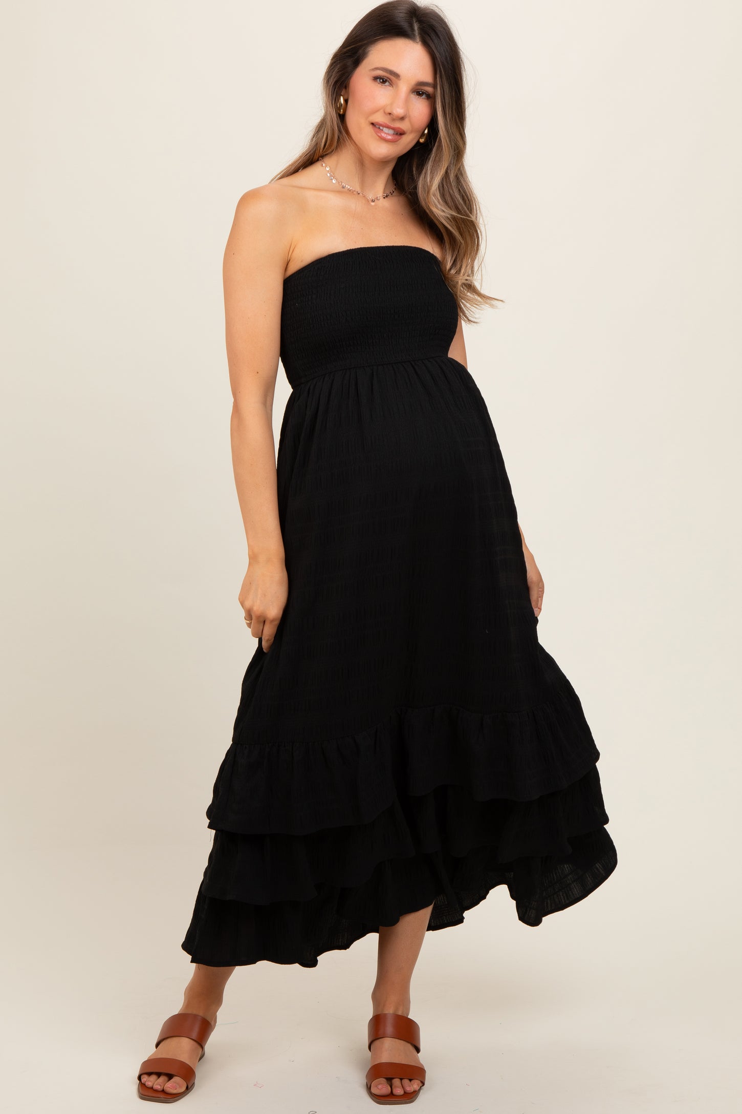 Black Smocked Ruffle Hem Tube Maternity Maxi Dress