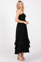 Black Smocked Ruffle Hem Tube Maxi Dress