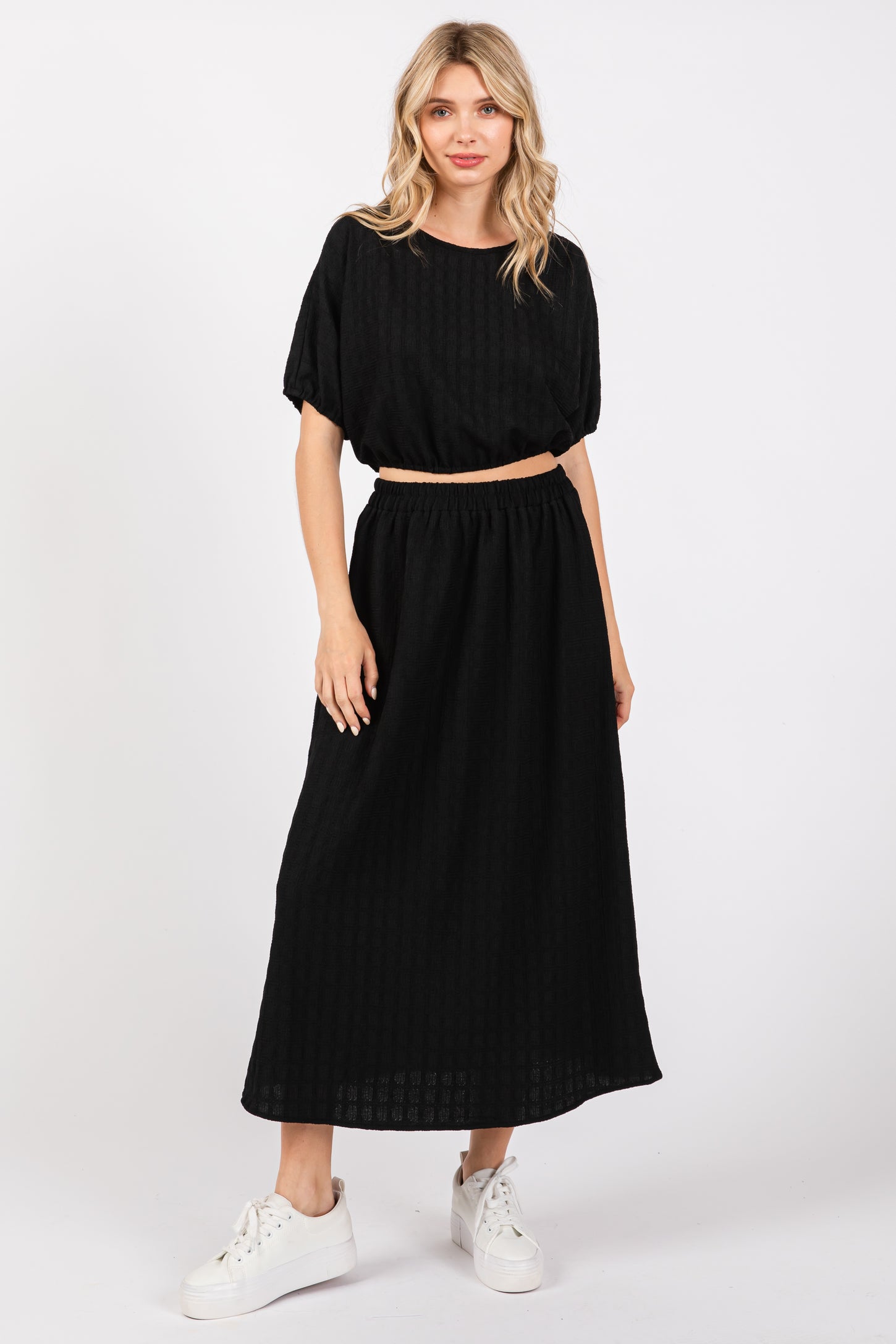 Black Waffle Texture Crop Top and Skirt Maternity Set