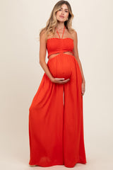 Orange Smocked Drawstring Halter Side Cutout Maternity Jumpsuit