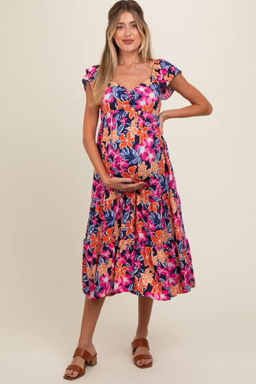 Navy Blue Floral Printed Tiered Flutter Sleeve Maternity Dress