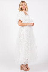 White Balloon Sleeve Embroidery Mesh Midi Dress