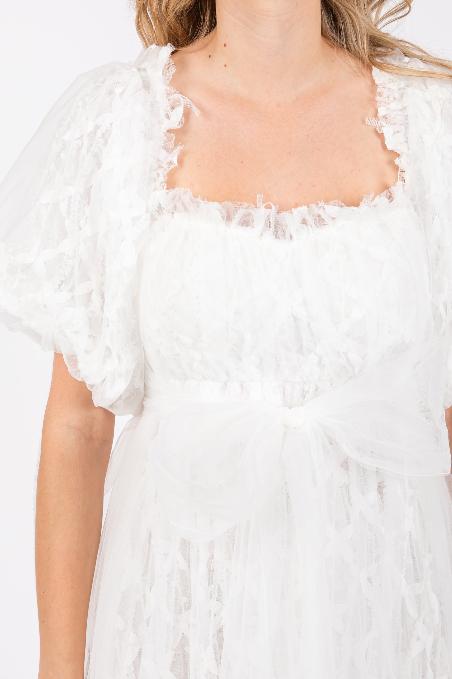 White Balloon Sleeve Embroidery Mesh Midi Dress