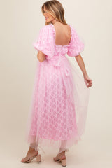 Pink Balloon Sleeve Embroidery Mesh Maternity Midi Dress