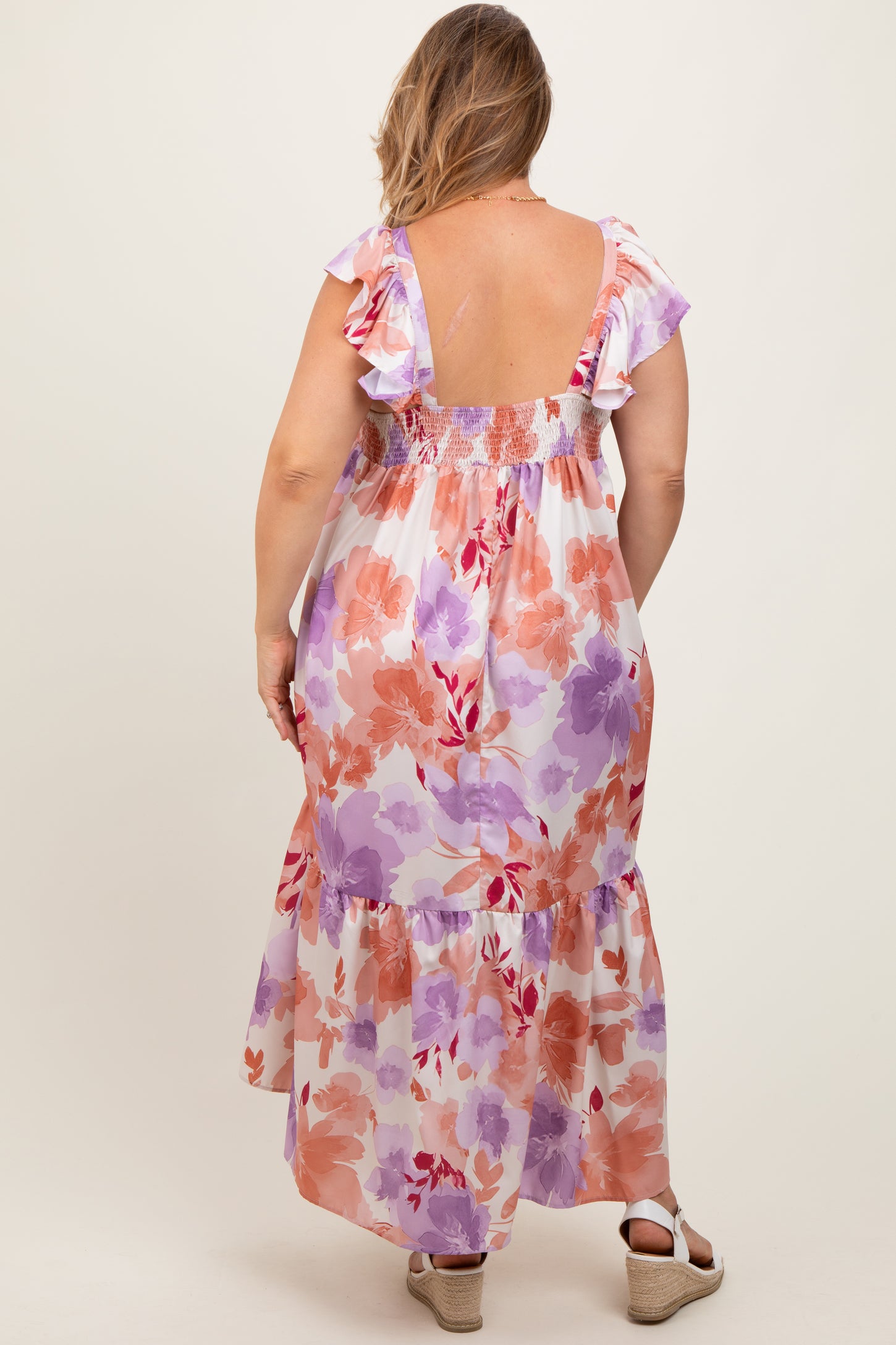 Mauve Floral Ruffle Accent V-Neck Maternity Plus Maxi Dress