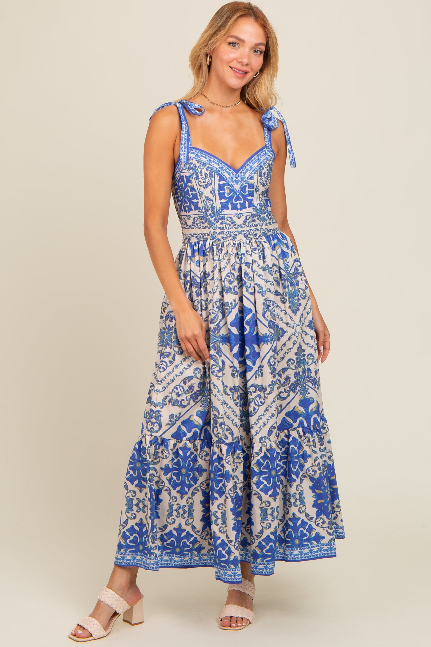 Blue Printed Sweetheart Neckline Shoulder Tie Maxi Dress