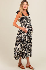 Black Floral Smocked Shoulder Tie Maternity Midi Dress
