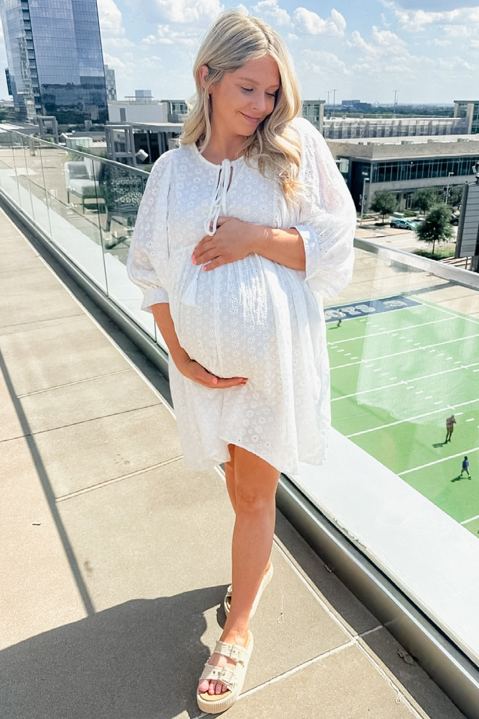 White Floral Eyelet Puff Sleeve Maternity Dress