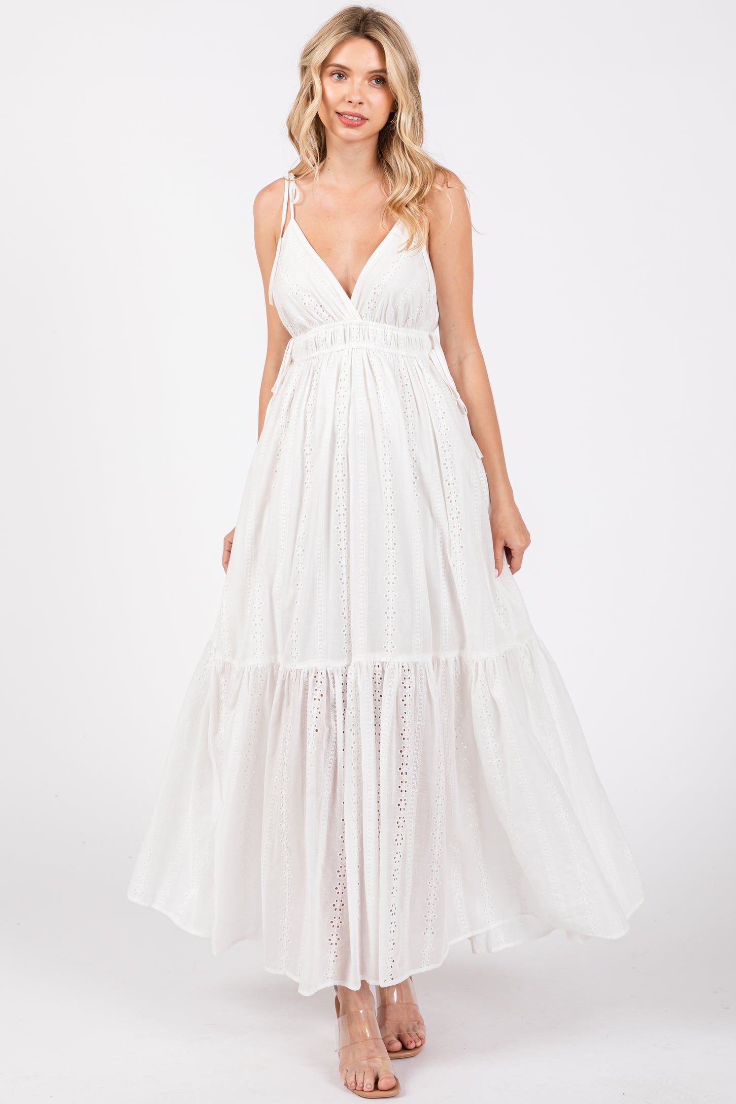 Ivory Floral Eyelet Shoulder Tie Maternity Dress