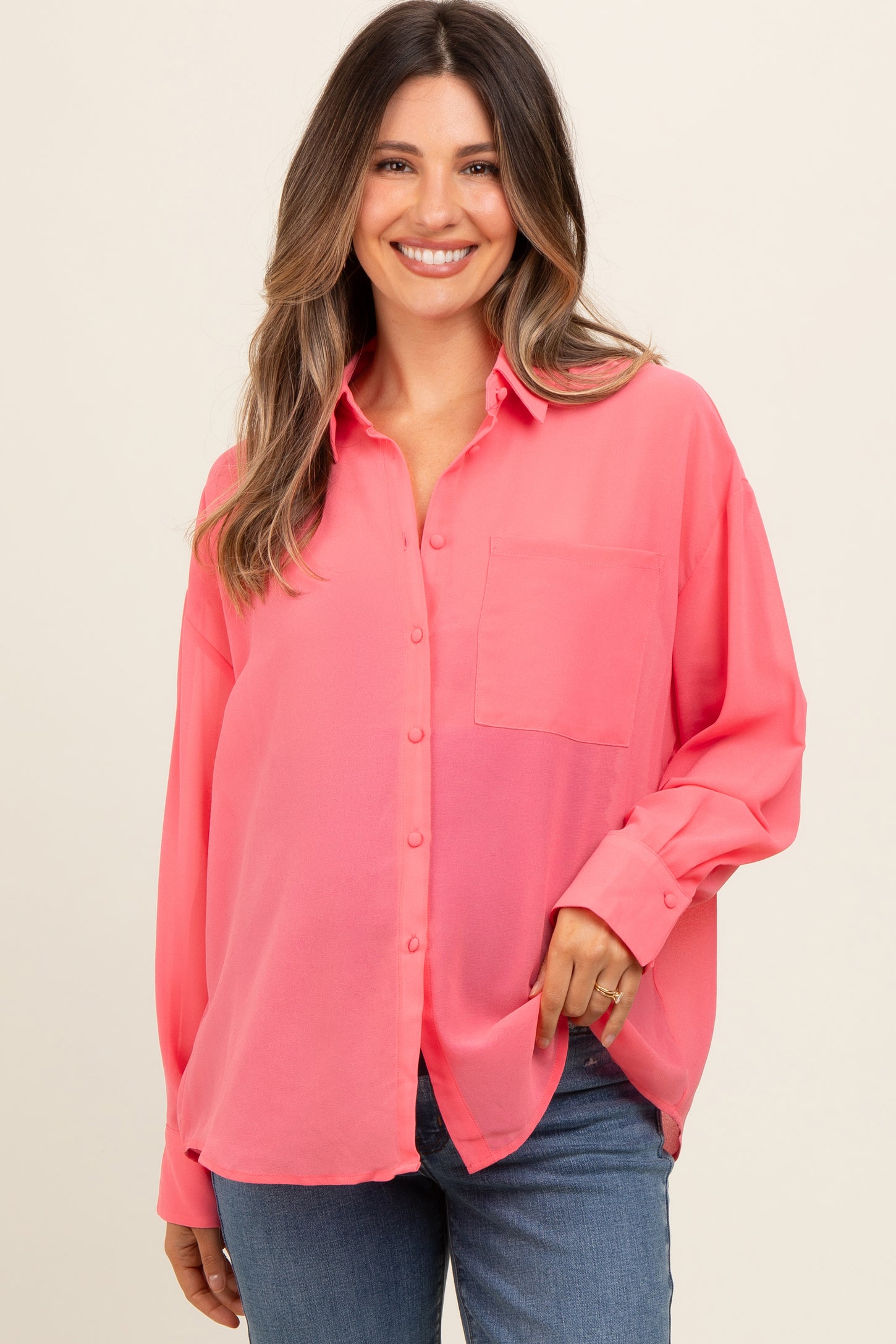 Coral Pink Sheer Button Down Maternity Blouse