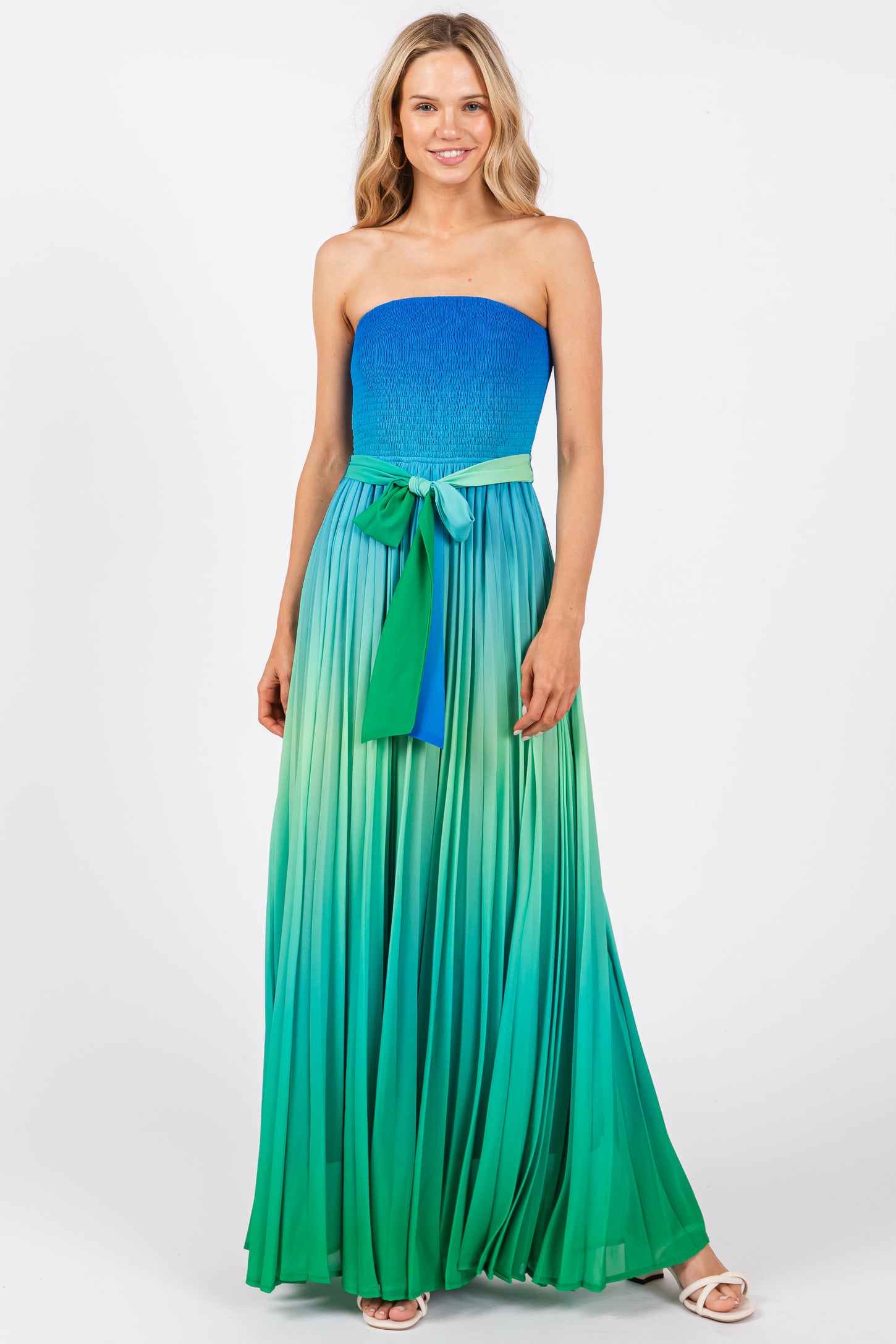 Blue Green Ombre Strapless Pleated Maxi Dress