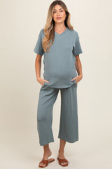 Dark Teal Ribbed Short Sleeve Top Maternity Pajama Set