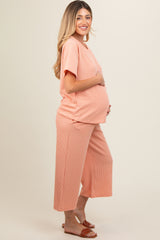 Peach Ribbed Short Sleeve Top Maternity Pajama Set