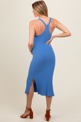 Blue Ribbed Racerback Maternity Midi Dress