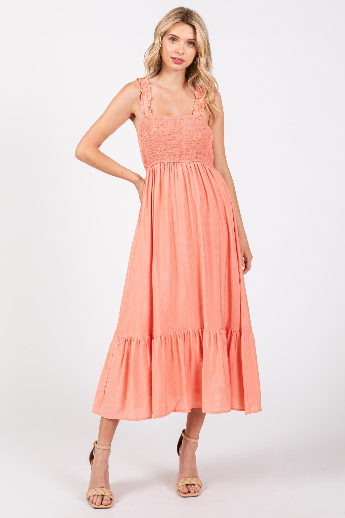 Coral Smocked Bodice Maternity Maxi Dress